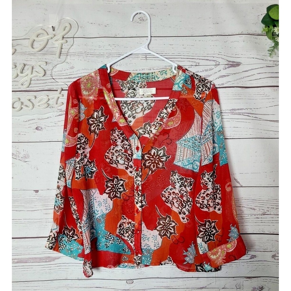Christopher & Banks Red Floral Print Sheer V-Neck Button Front Boho Top Size XL